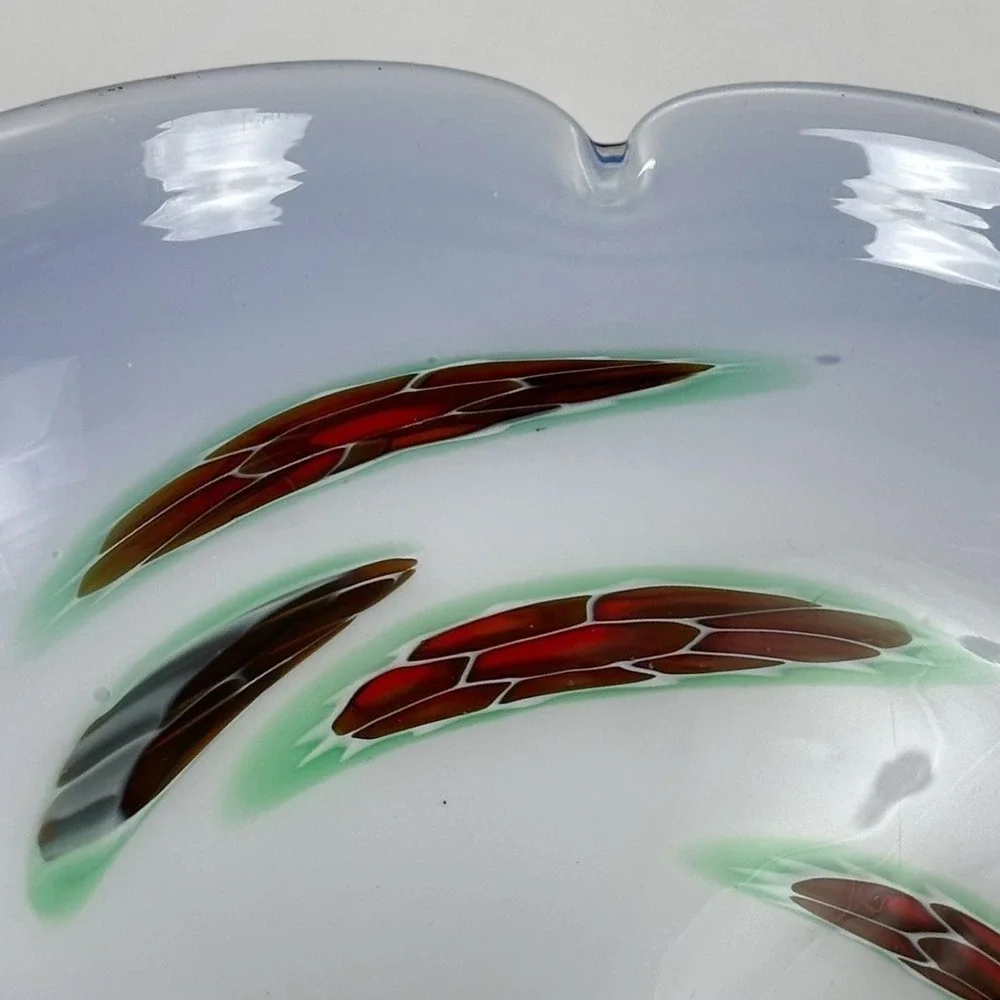Handblown Art Glass Bowl Cobalt Blue White Interior Murrine 8.5 in Scalloped Rim